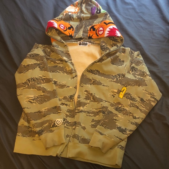 Bape Tiger Print Tan Camouflage Full Zip Hoodie with Tiger Face on Hood